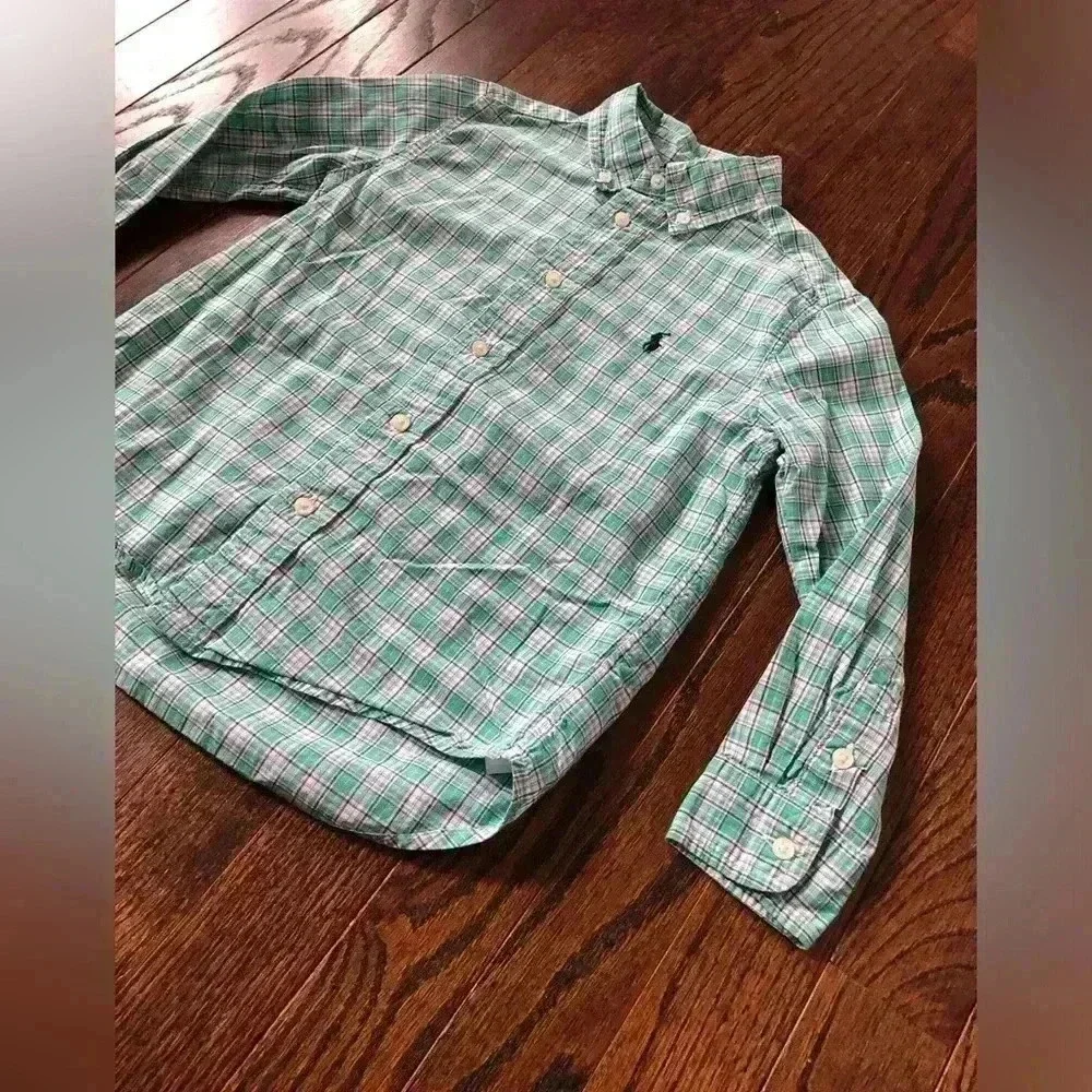 Ralph Lauren Boys 5 Green Plaid Oxford Button-Down Shirt - VGUC!!